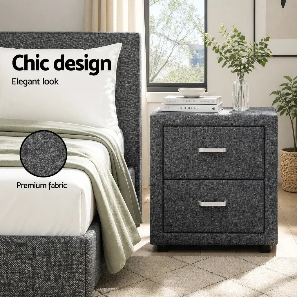 Grey Linen Fabric Bedside Table with 2 Drawers