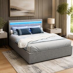 Double Bed Frame Gas Lift Storage LED Headboard Grey Bedroom Furniture