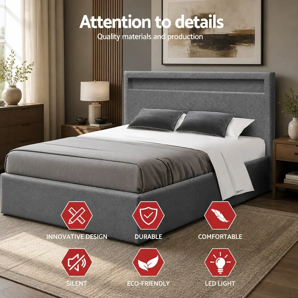 Grey Double Bed Frame with Gas Lift Storage and LED Headboard