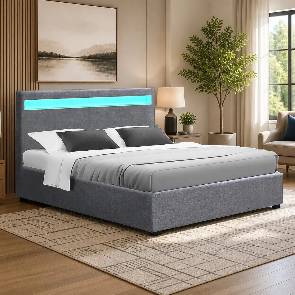 Grey Double Bed Frame with Gas Lift Storage and LED Headboard