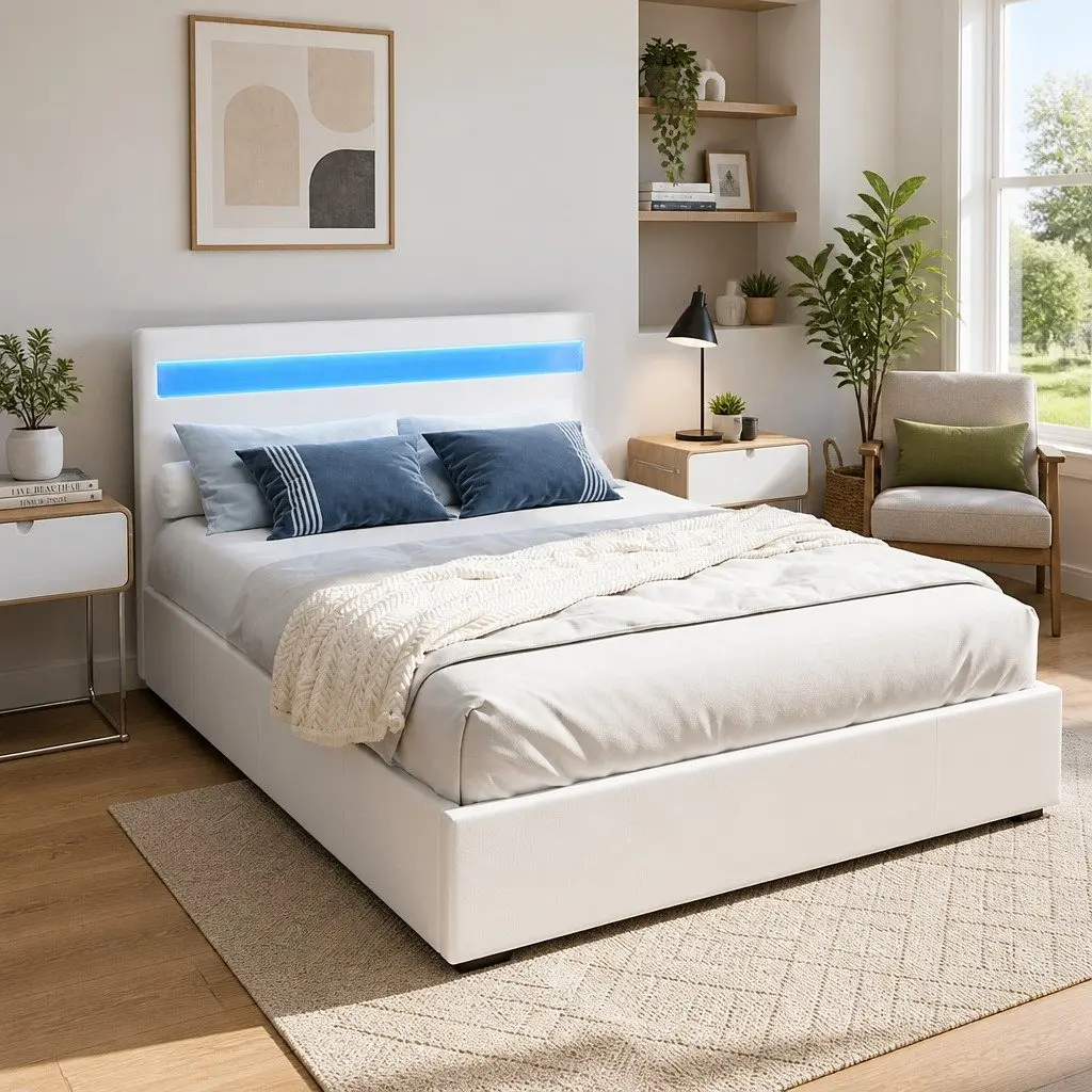 Double Bed Frame with LED Headboard and Storage