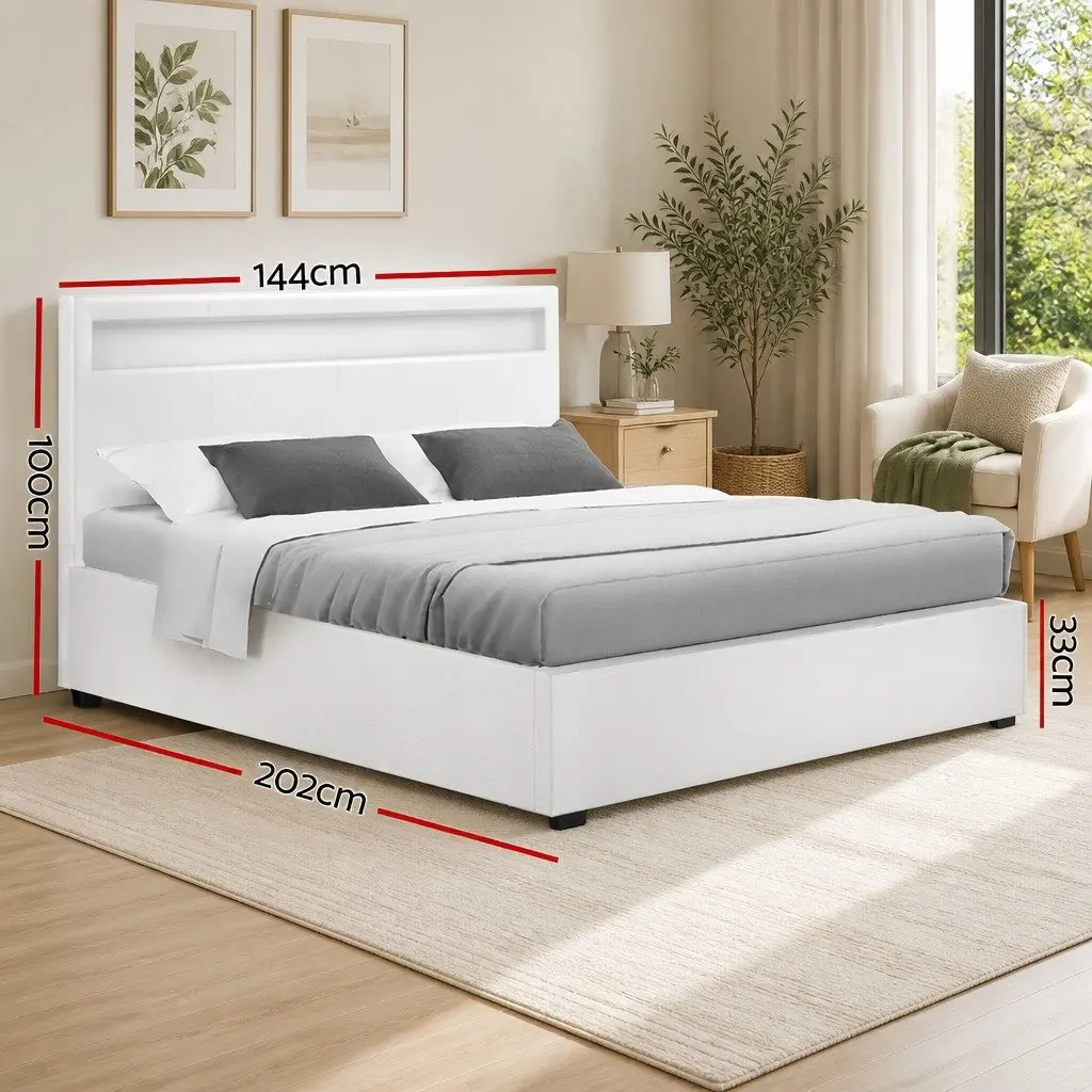 Double Bed Frame with LED Headboard and Storage
