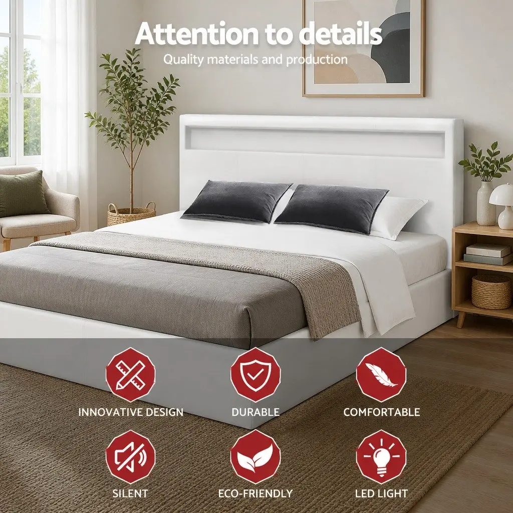 Double Bed Frame with LED Headboard and Storage