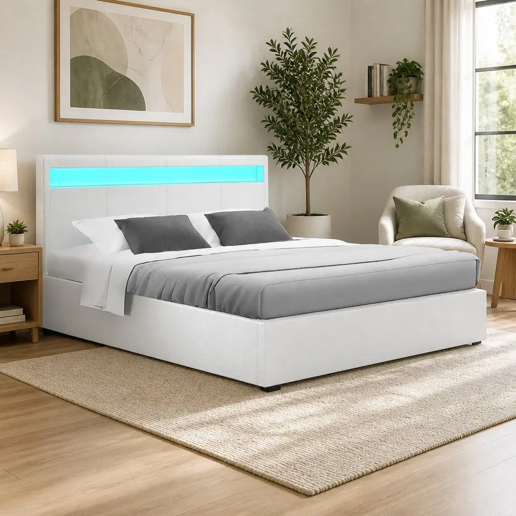 Double Bed Frame with LED Headboard and Storage