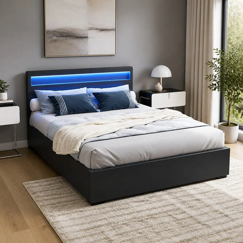 Queen Size Gas Lift Bed Frame with LED Headboard