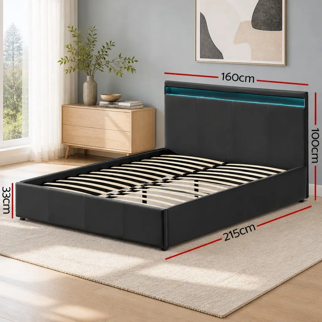 Queen Size Gas Lift Bed Frame with LED Headboard