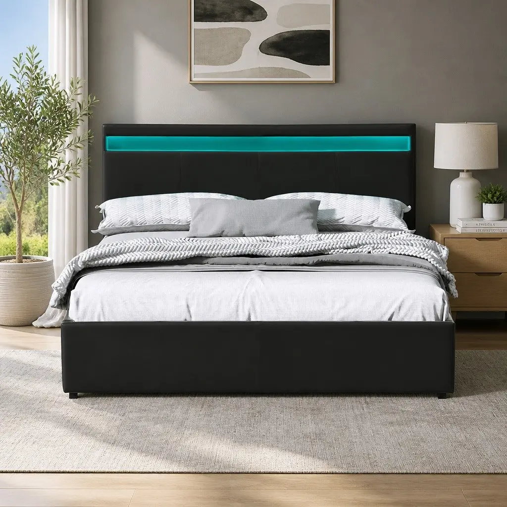 Queen Size Gas Lift Bed Frame with LED Headboard