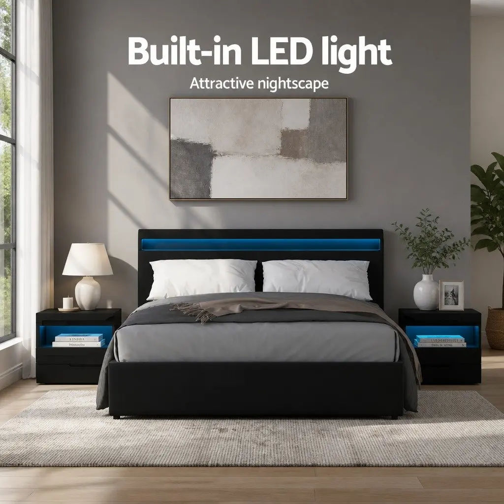 Queen Size Gas Lift Bed Frame with LED Headboard