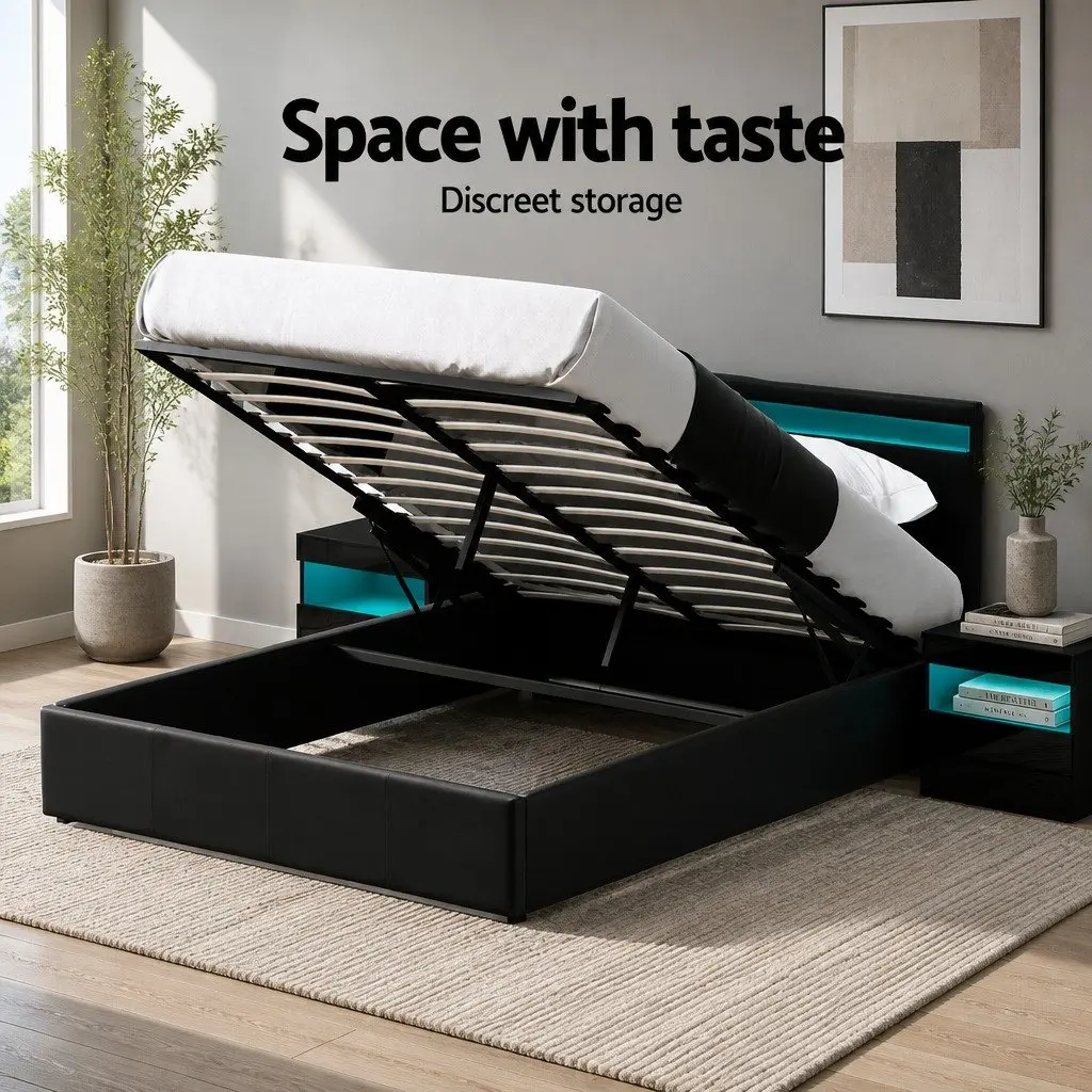 Queen Size Gas Lift Bed Frame with LED Headboard