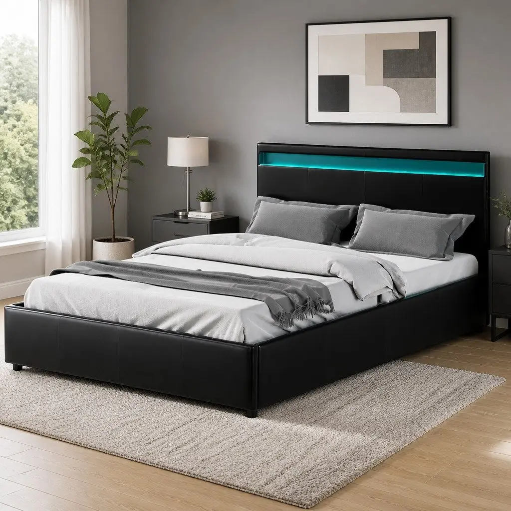 Queen Size Gas Lift Bed Frame with LED Headboard