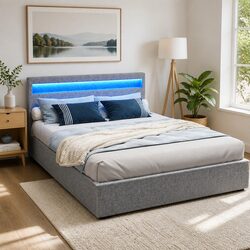 Queen Size Gas Lift Bed Frame with LED Headboard in Grey