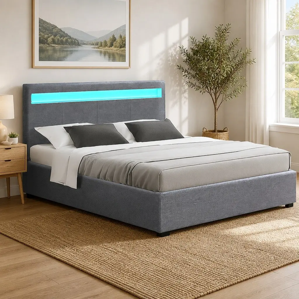 Queen Size Bed Frame Gas Lift Storage Upholstered Steel Grey