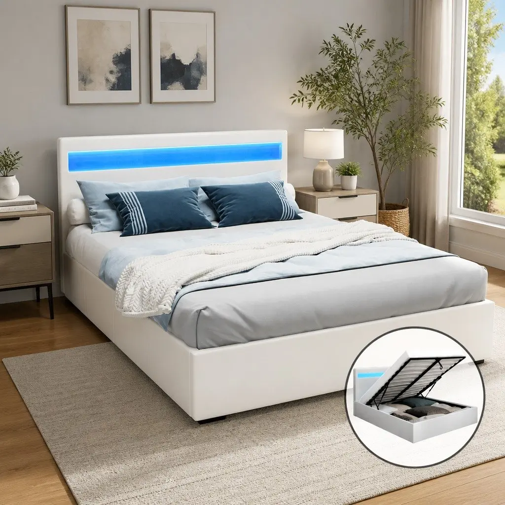 Queen Size White LED Gas Lift Storage Bed Frame