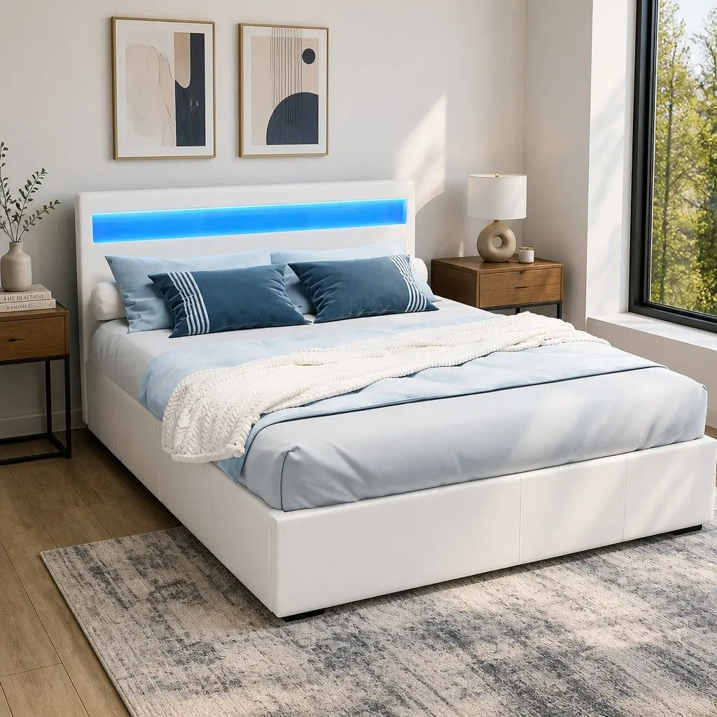Queen Size White LED Gas Lift Storage Bed Frame