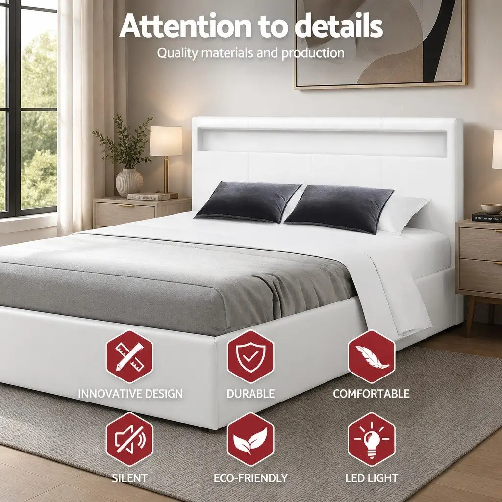 Queen Size White LED Gas Lift Storage Bed Frame