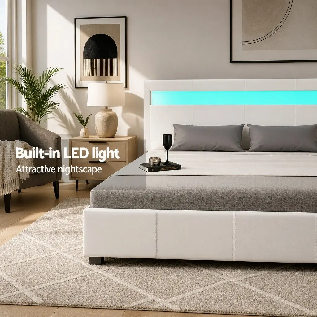 Queen Size White LED Gas Lift Storage Bed Frame
