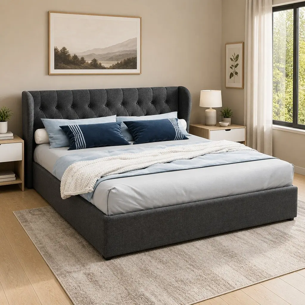 King Size Bed Frame Faux Linen Charcoal Tufted Headboard Gas Lift Storage