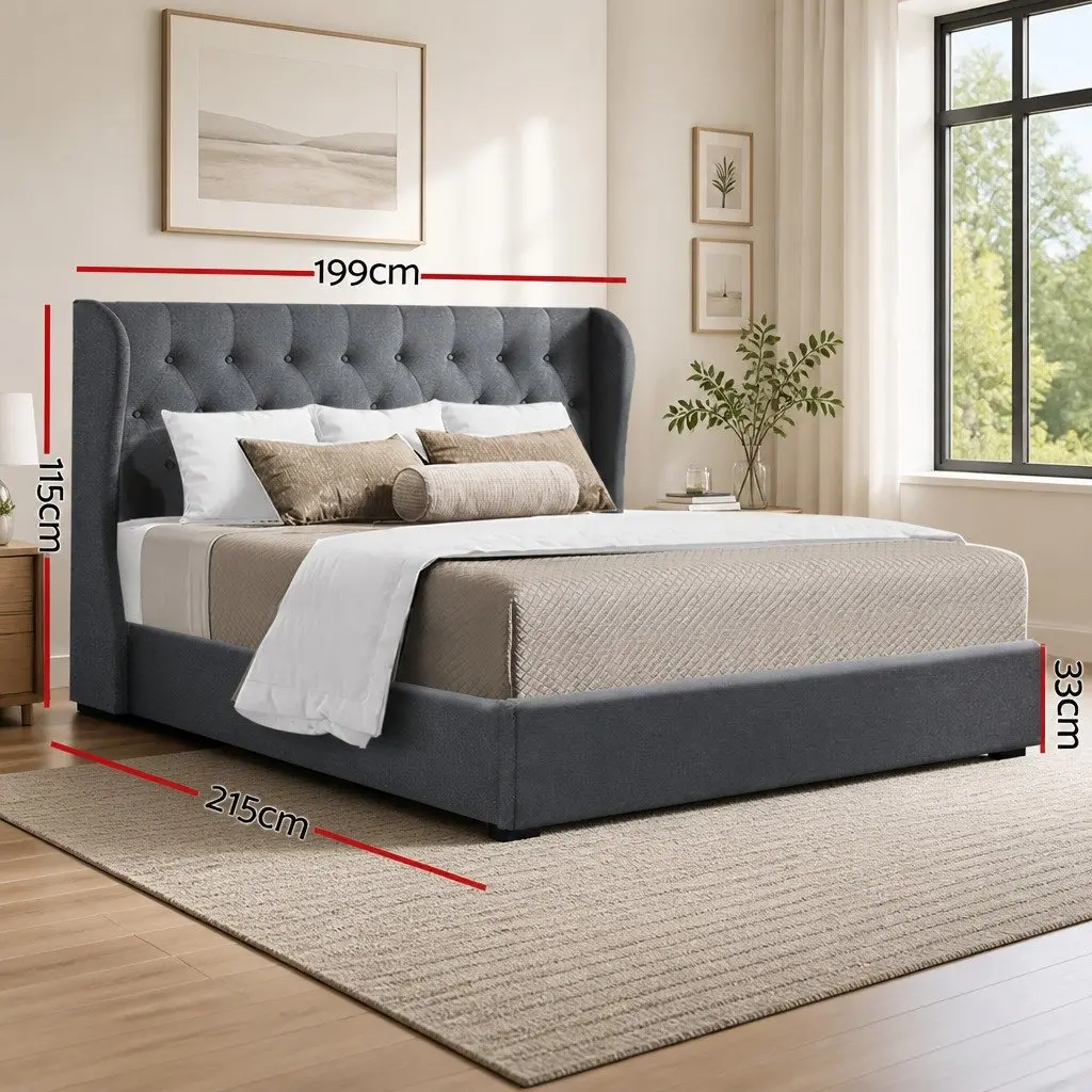 King Size Bed Frame Faux Linen Charcoal Tufted Headboard Gas Lift Storage