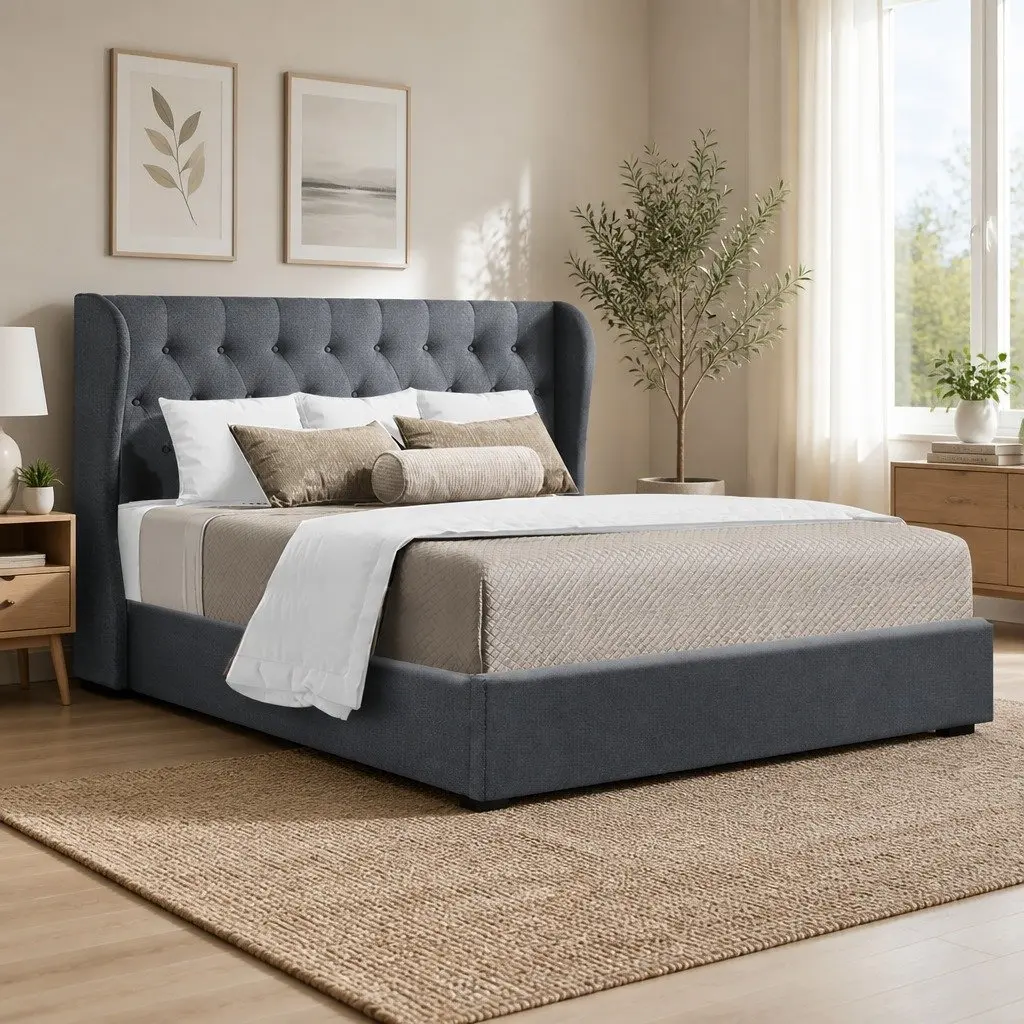 King Size Bed Frame Faux Linen Charcoal Tufted Headboard Gas Lift Storage