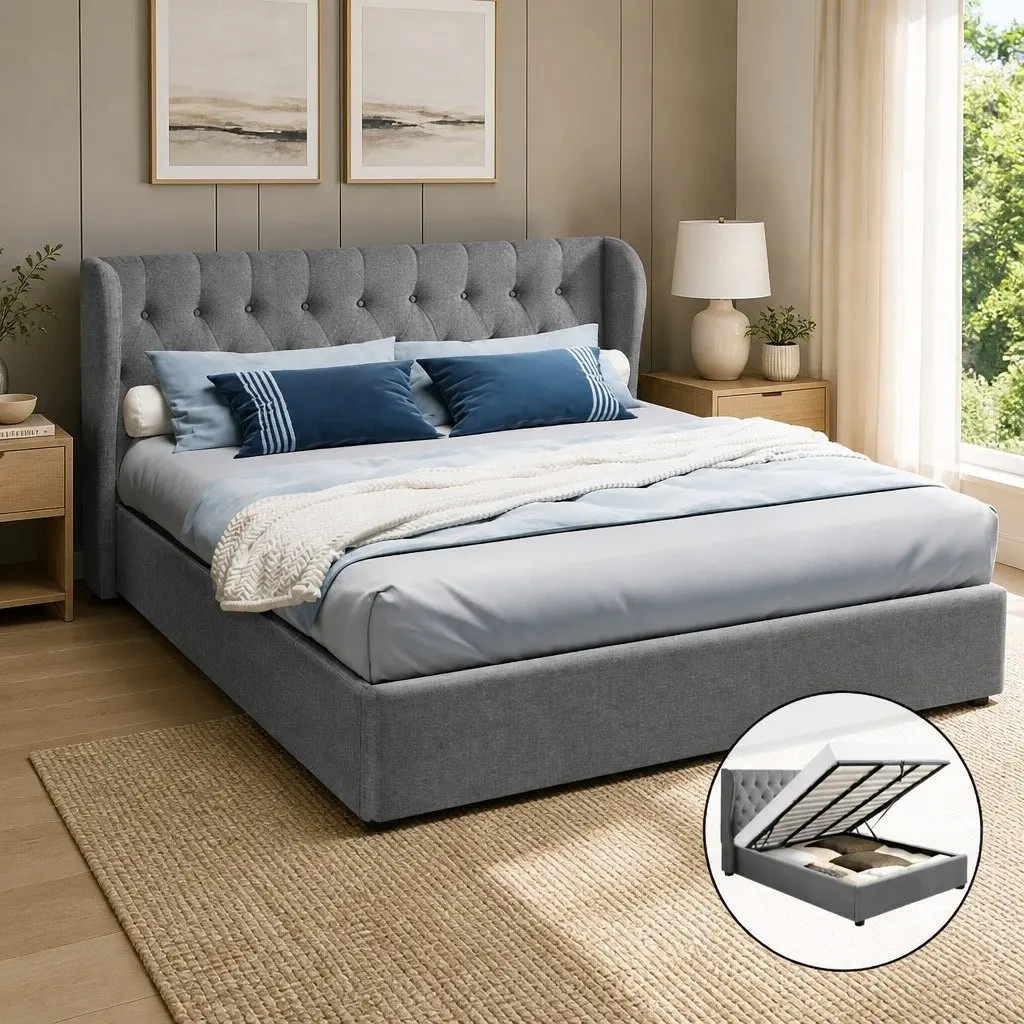King Size Bed Frame Faux Linen Fabric Tufted Headboard Storage Grey
