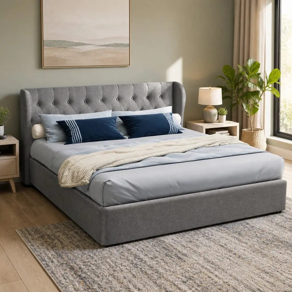 King Size Bed Frame Faux Linen Fabric Tufted Headboard Storage Grey