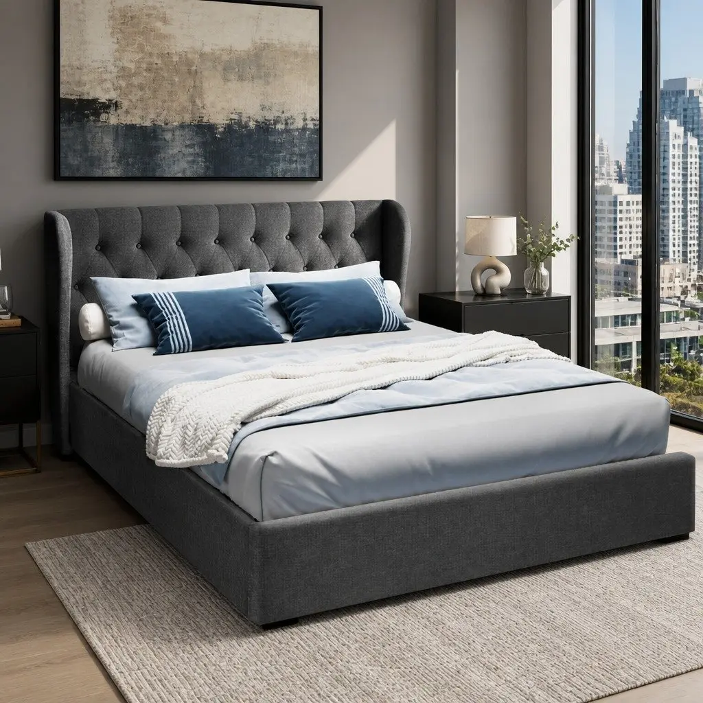 Queen Size Bed Frame Gas Lift Storage Upholstered Headboard Faux Linen Charcoal