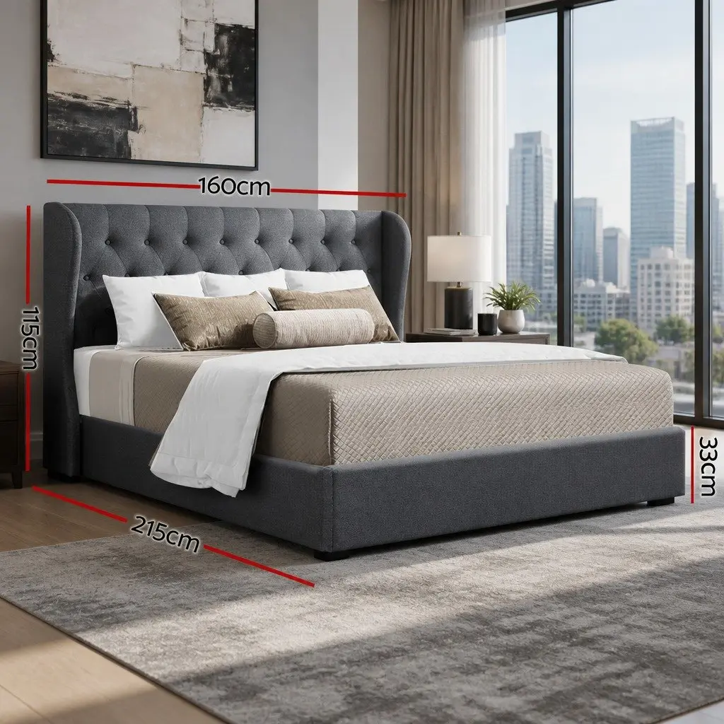 Queen Size Bed Frame Gas Lift Storage Upholstered Headboard Faux Linen Charcoal