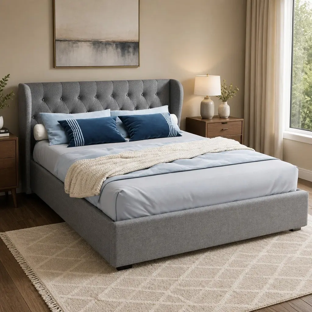 Queen Size Bed Frame Gas Lift Storage Grey Upholstered Padded Headboard