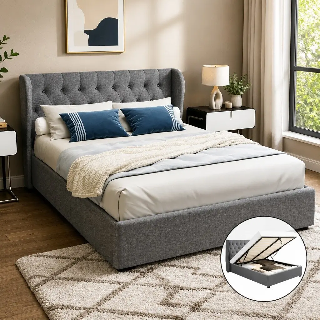 Queen Size Bed Frame Gas Lift Storage Grey Upholstered Padded Headboard