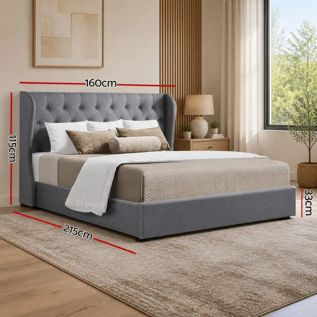 Queen Size Bed Frame Gas Lift Storage Grey Upholstered Padded Headboard