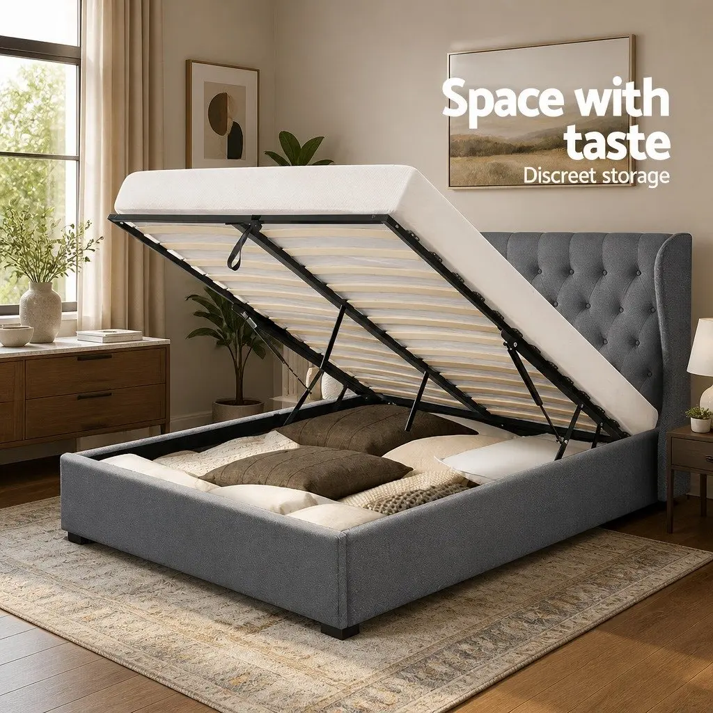 Queen Size Bed Frame Gas Lift Storage Grey Upholstered Padded Headboard