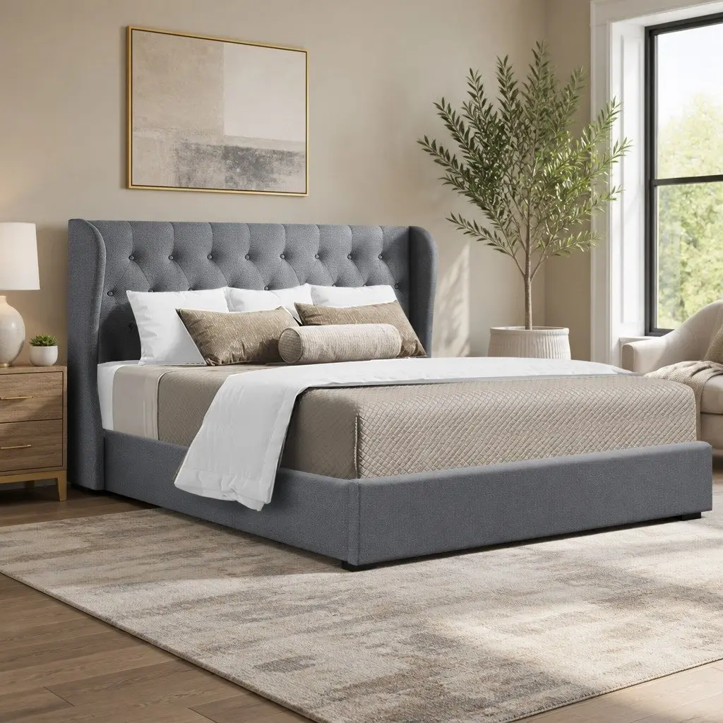 Queen Size Bed Frame Gas Lift Storage Grey Upholstered Padded Headboard