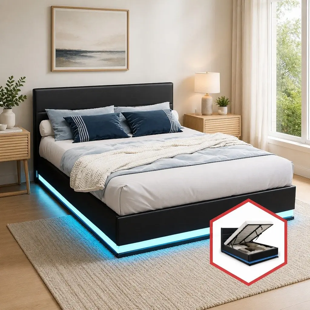 Gas Lift Storage Double Bed Frame with LED Lights