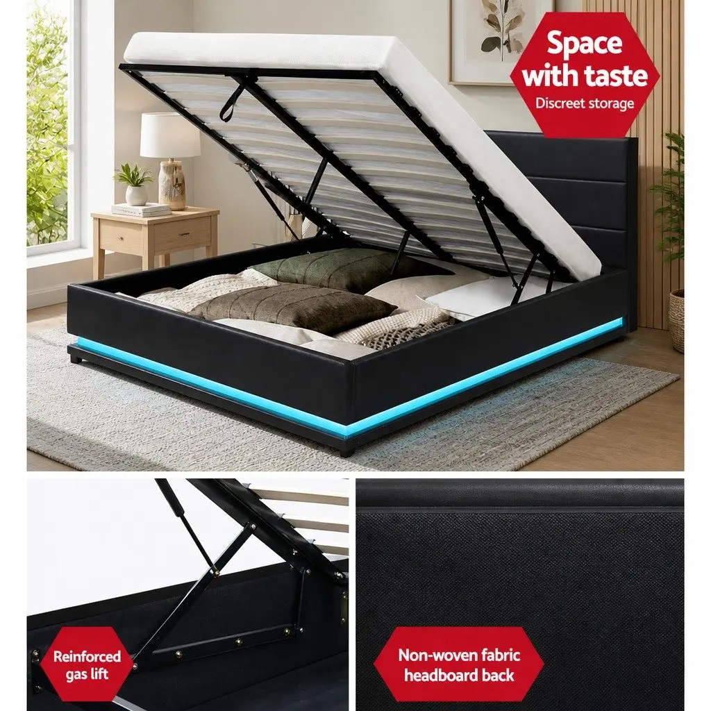 Gas Lift Storage Double Bed Frame with LED Lights