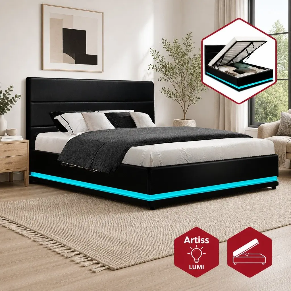 Gas Lift Storage Double Bed Frame with LED Lights