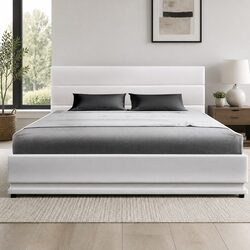 Double Bed Frame LED Gas Lift Storage White Upholstered Headboard Light