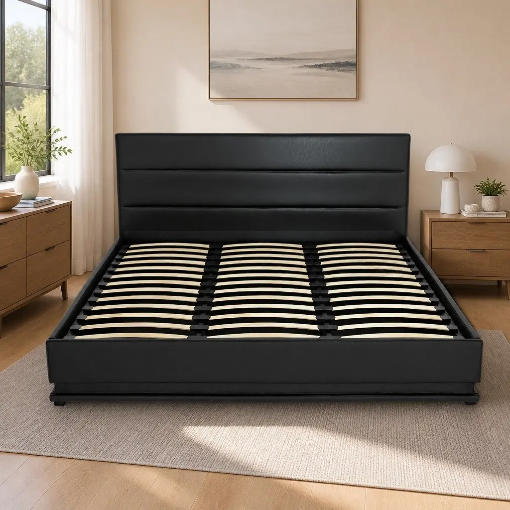 King Size Bed Frame PVC Leather Gas Lift Storage LED Lighting Black Padded Headboard
