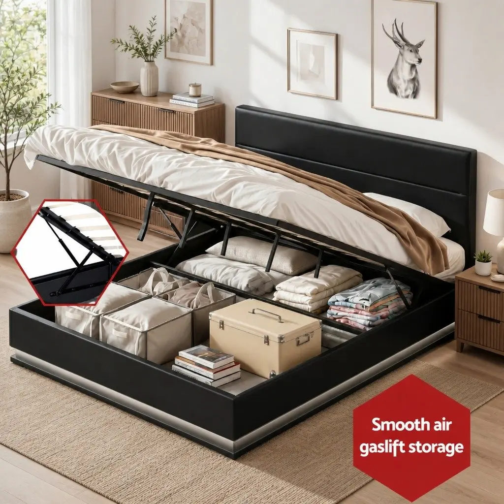 King Size Bed Frame PVC Leather Gas Lift Storage LED Lighting Black Padded Headboard