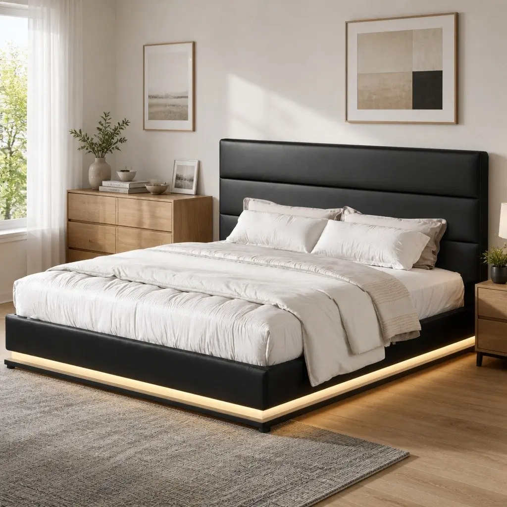 King Size Bed Frame PVC Leather Gas Lift Storage LED Lighting Black Padded Headboard