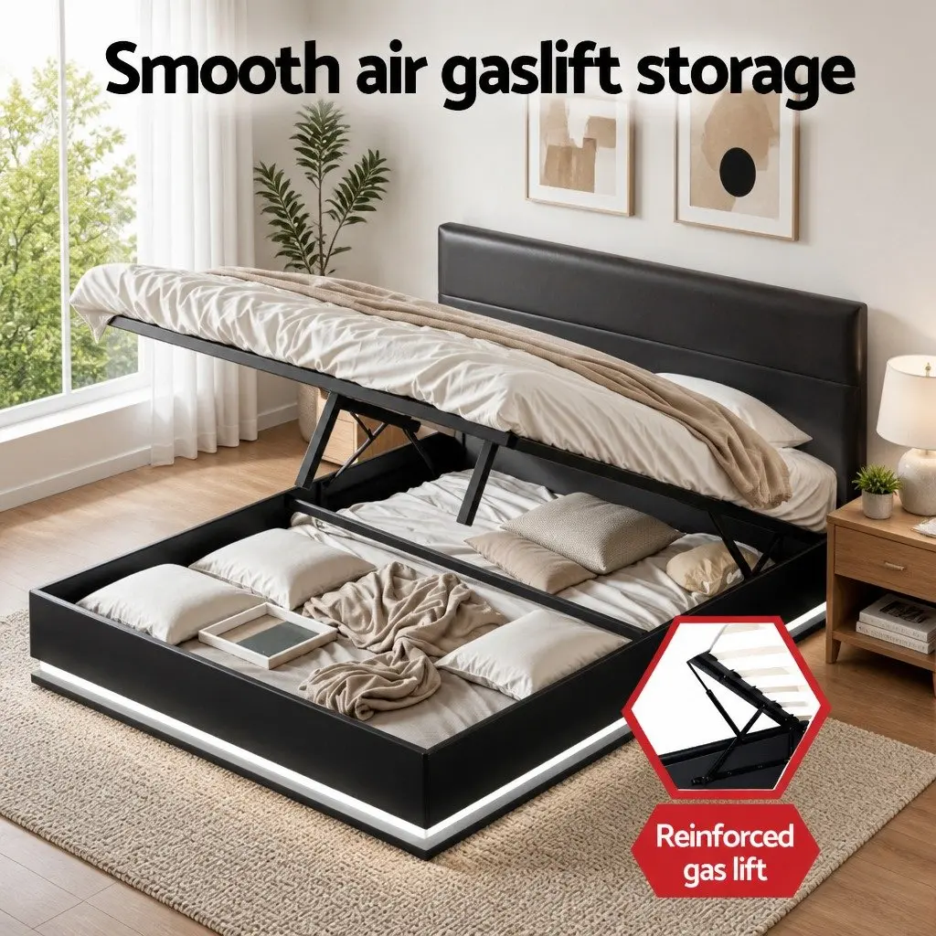 Queen Size Bed Frame PVC Leather Gas Lift Storage Black Upholstered