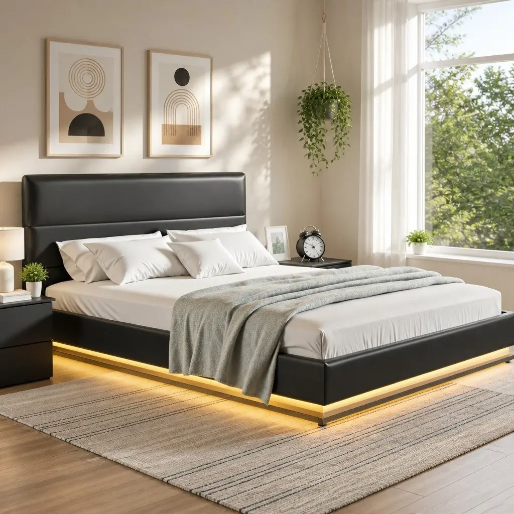 Queen Size Bed Frame PVC Leather Gas Lift Storage Black Upholstered