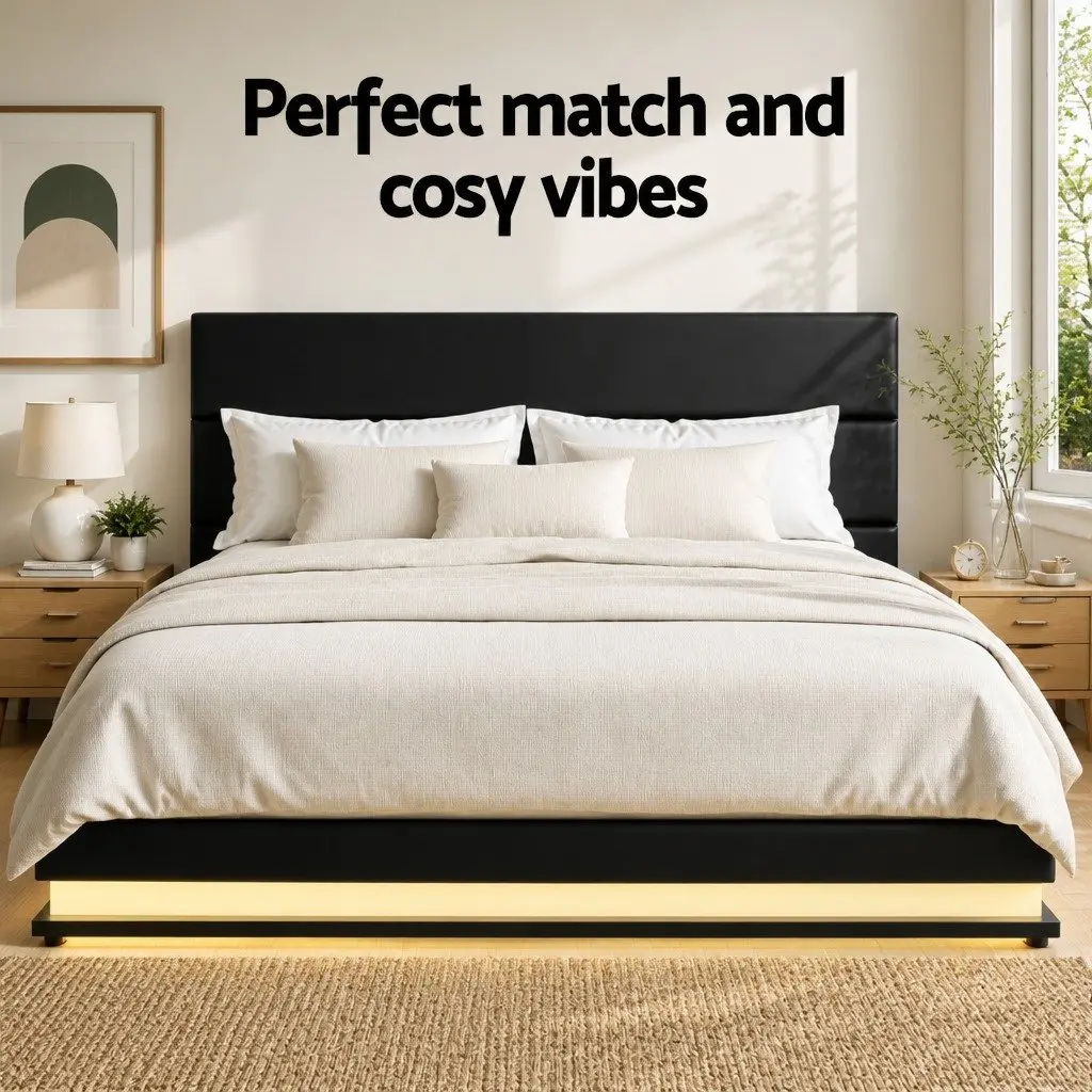 Queen Size Bed Frame PVC Leather Gas Lift Storage Black Upholstered