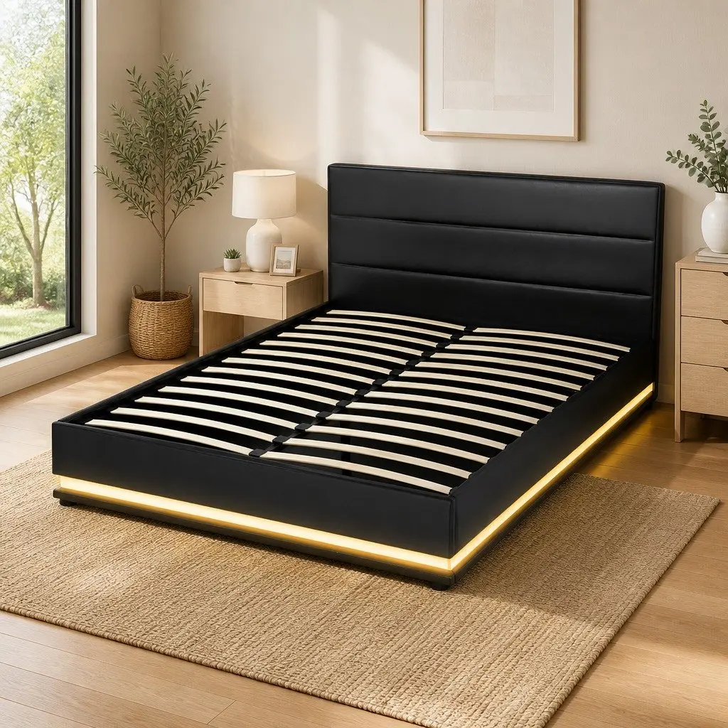 Queen Size Bed Frame PVC Leather Gas Lift Storage Black Upholstered