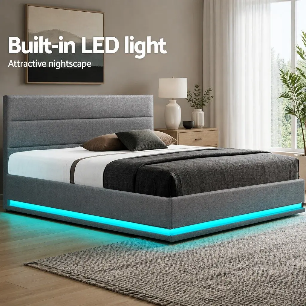 Queen Size Bed Frame with Gas Lift and LED