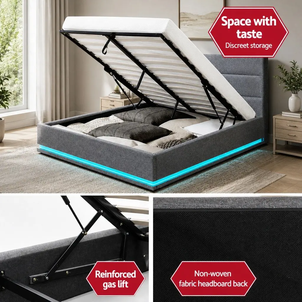 Queen Size Bed Frame with Gas Lift and LED