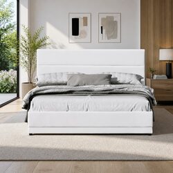 Sturdy Queen Gas Lift Bed Frame with LED Lighting in White