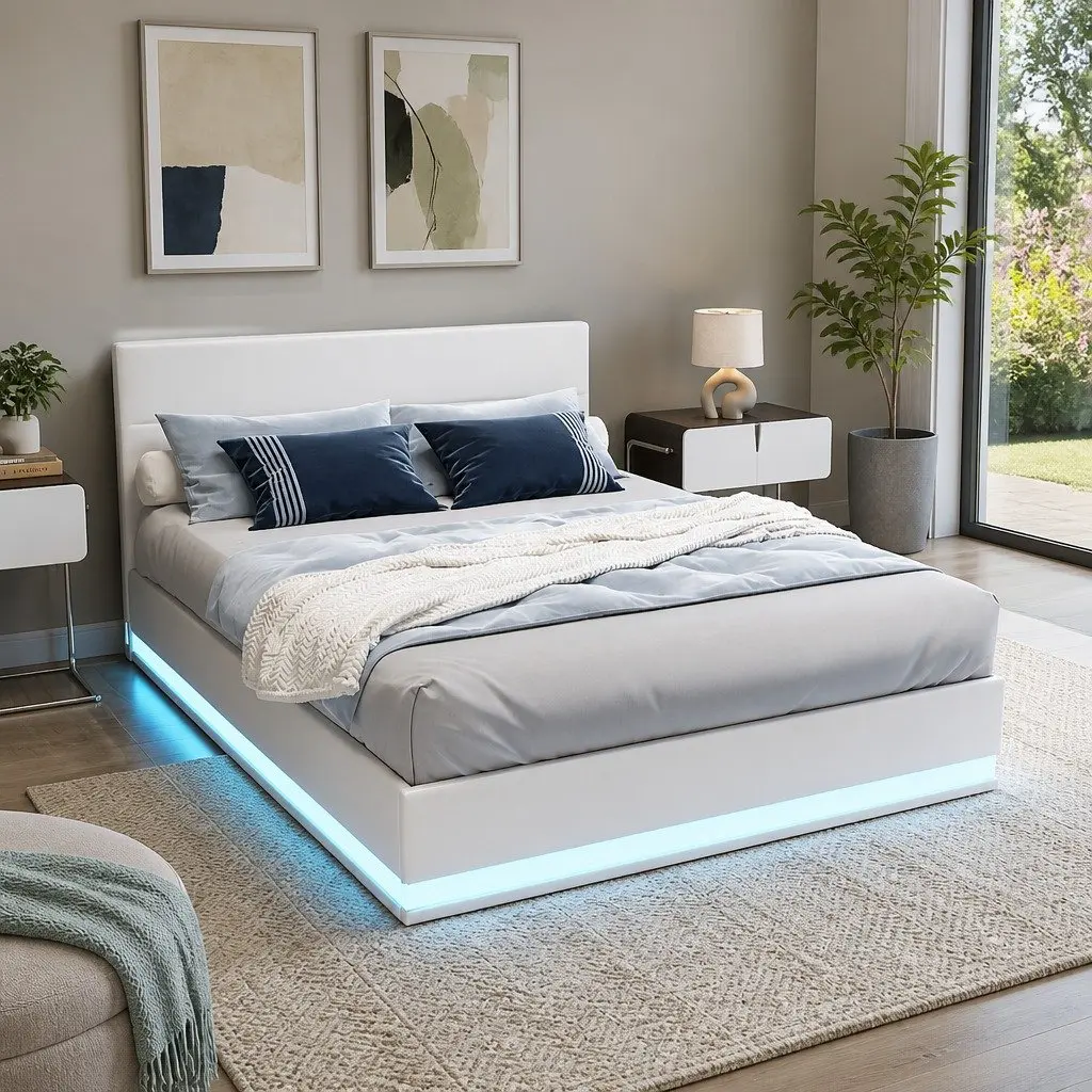 Queen Size Bed Frame PVC Leather White Gas Lift Storage with LED Lights