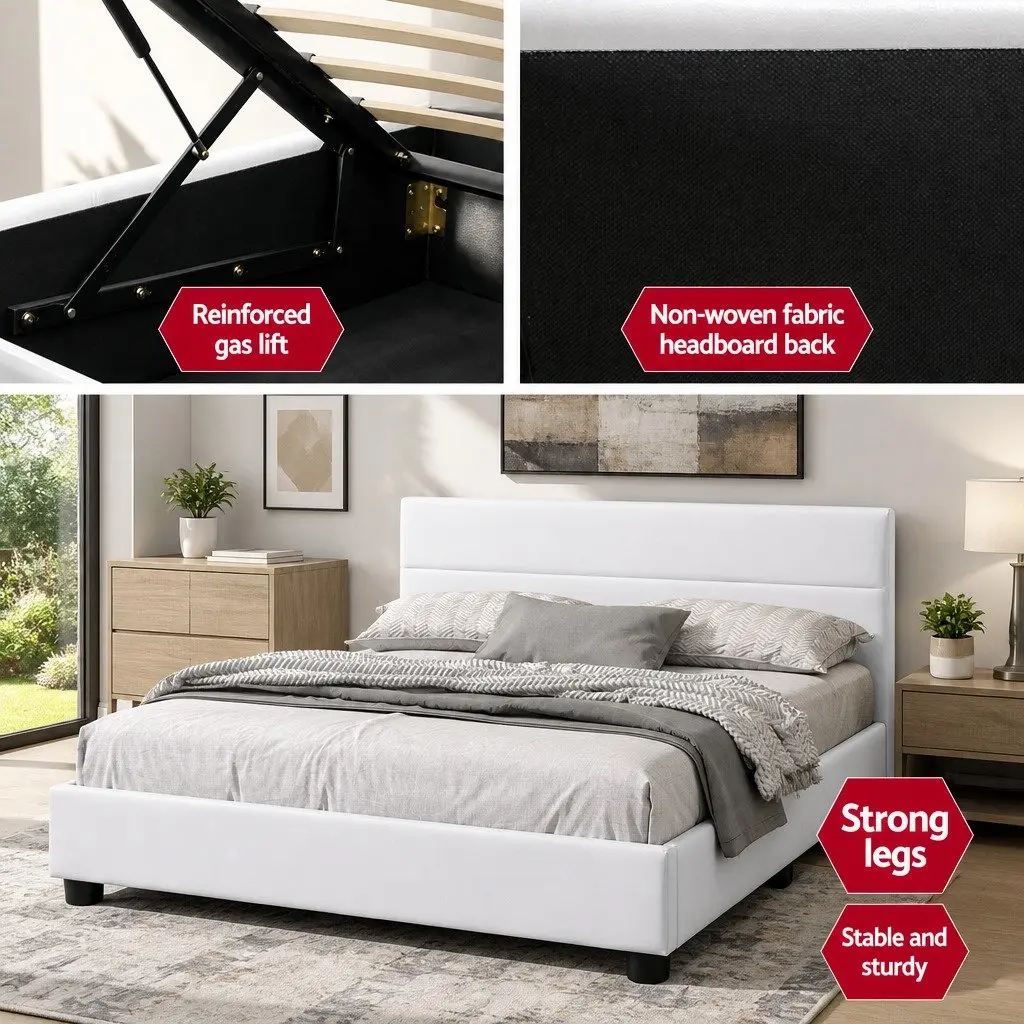 Queen Size Bed Frame PVC Leather White Gas Lift Storage with LED Lights