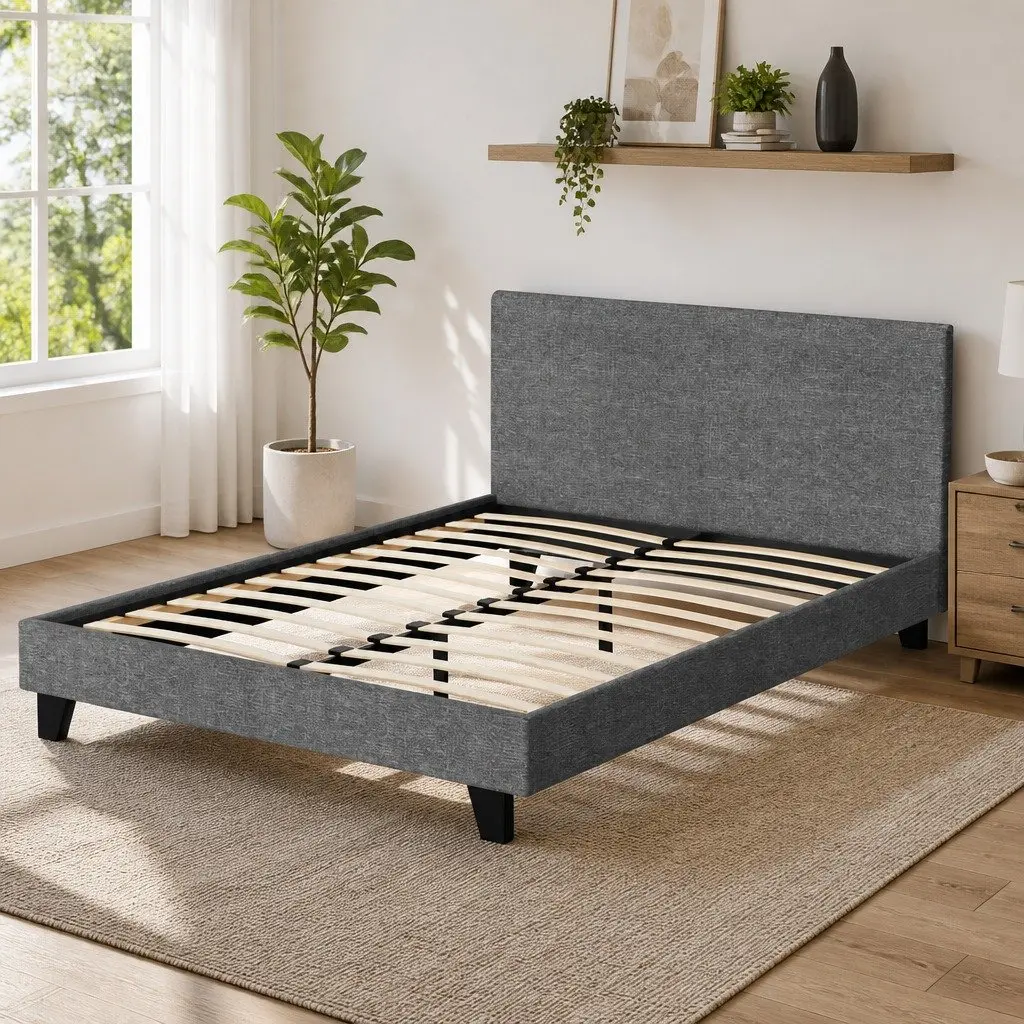 Grey Upholstered Double Bed Frame with Padded Headboard