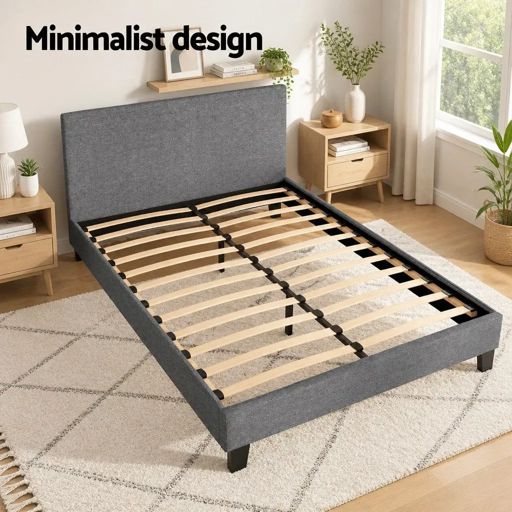 Grey Upholstered Double Bed Frame with Padded Headboard